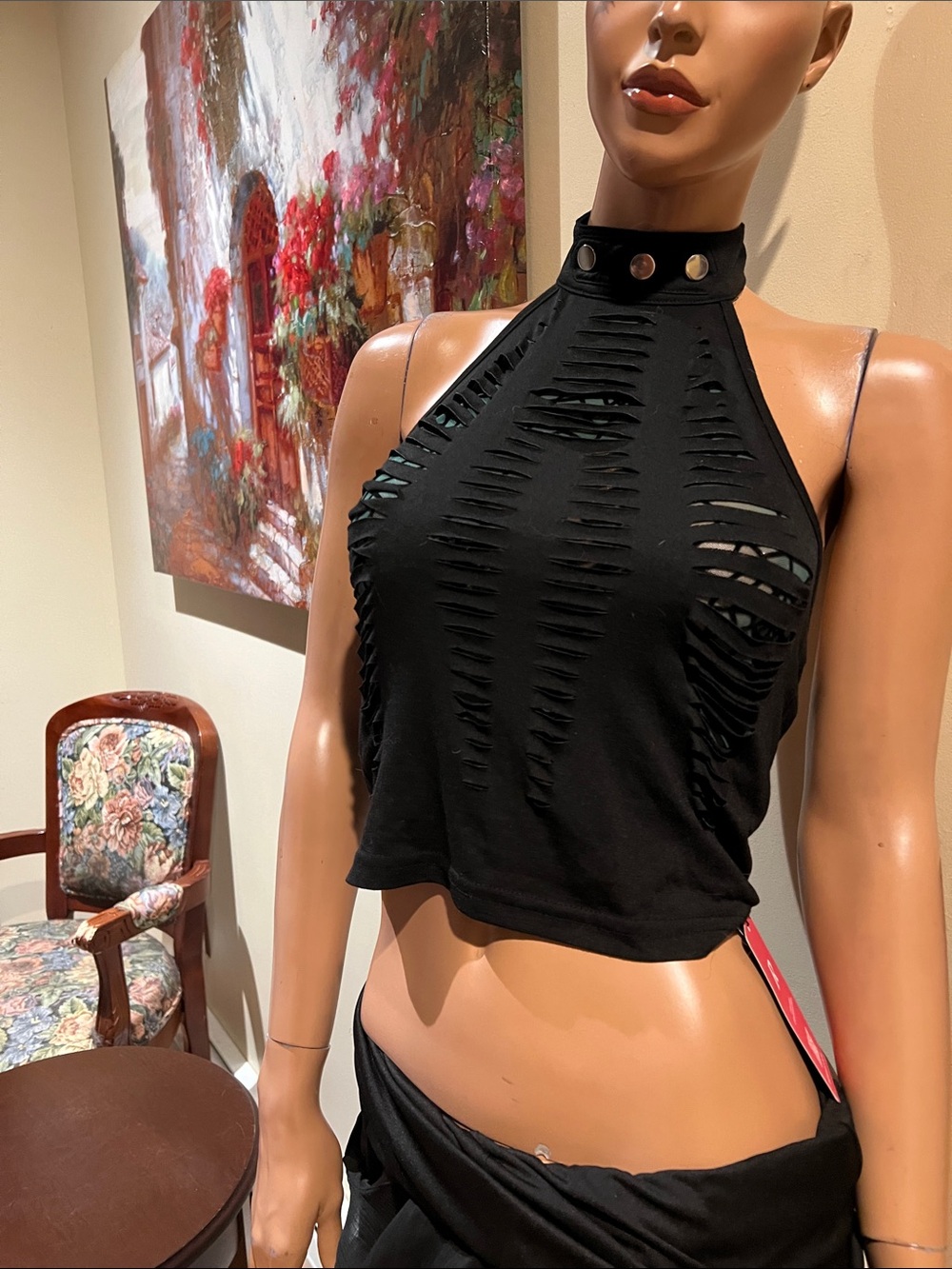 Black Distressed Halter Crop Top with Snap Closure S brand new
